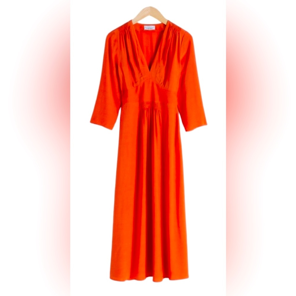 & Other Stories Paris Atelier Orange 3/4 Sleeve V Neck Midi Dress Women’s Sz 4